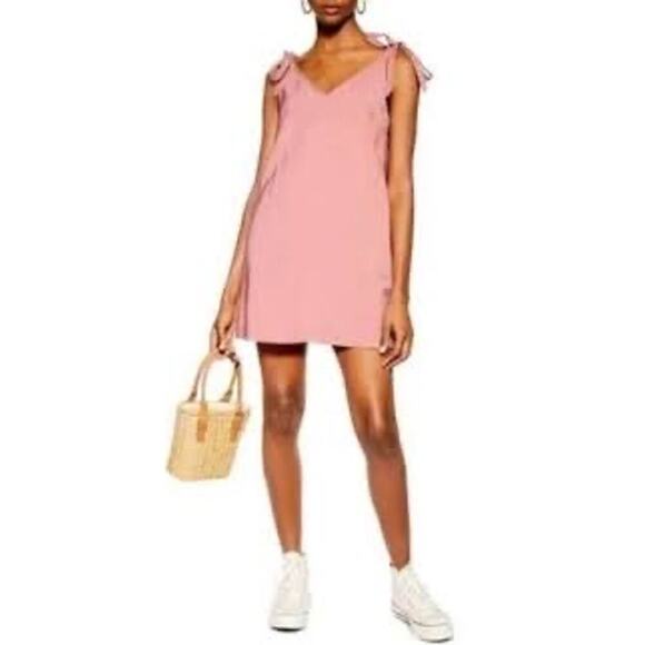 Topshop Tilda Side Button Mini Dress Mauve Pink Bow Tie Straps Short Size 6 Fun - Picture 2 of 13